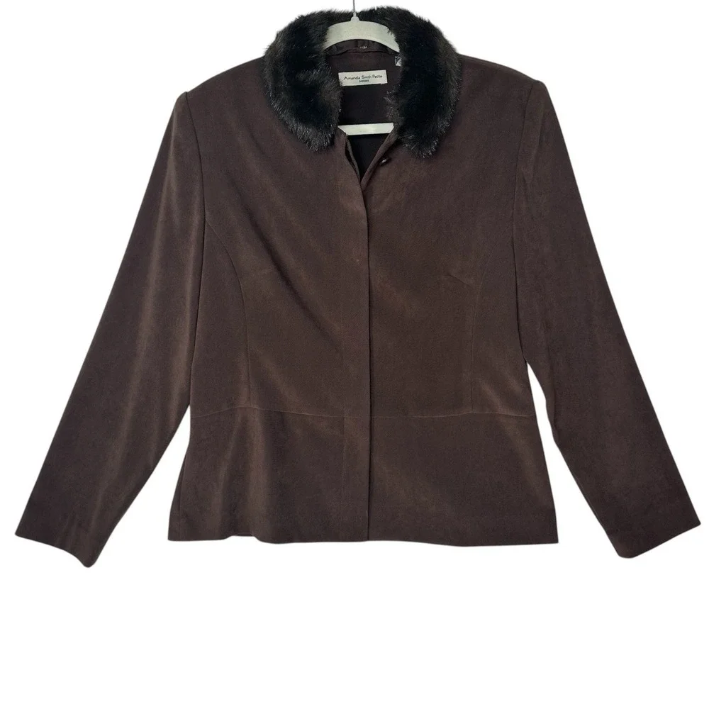 Amanda Smith Faux Suede Jacket 12P Brown Faux Fur Collar Mob‎ Wife Vintage 70s